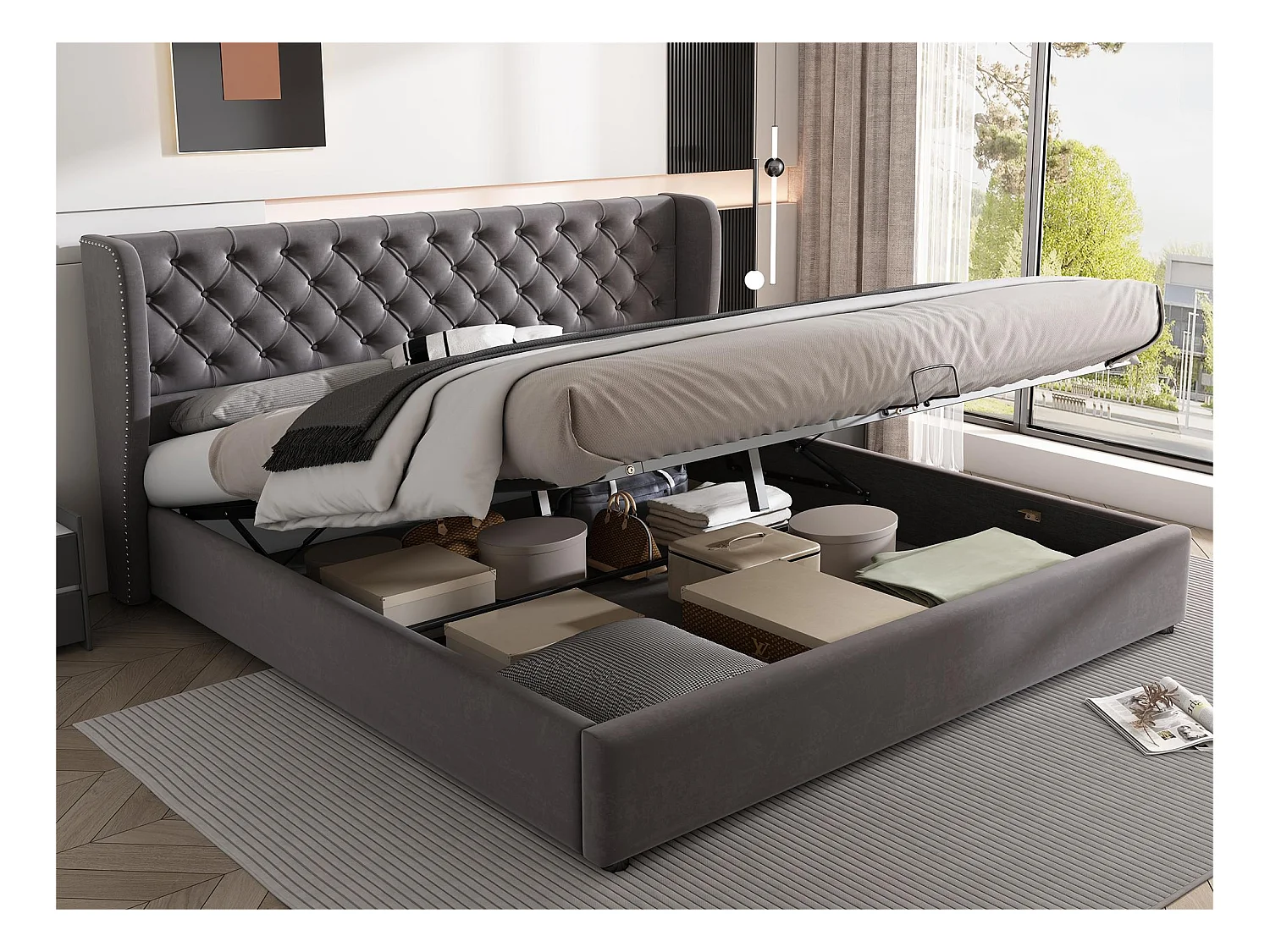 Lit coffre capitonné en velours 180x200cm avec sommier à lattes - Gris