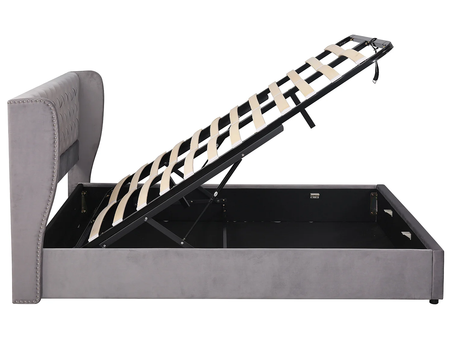 Cama contenedor acolchada de terciopelo 180x200 cm con somier de láminas - Gris