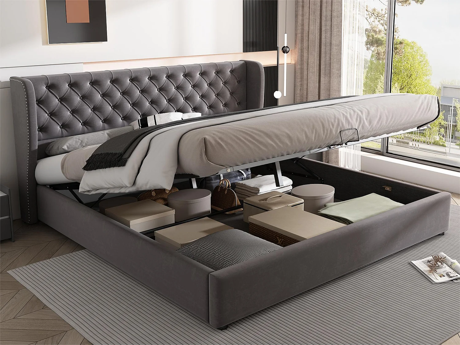 Lit coffre capitonné en velours 180x200cm avec sommier à lattes - Gris