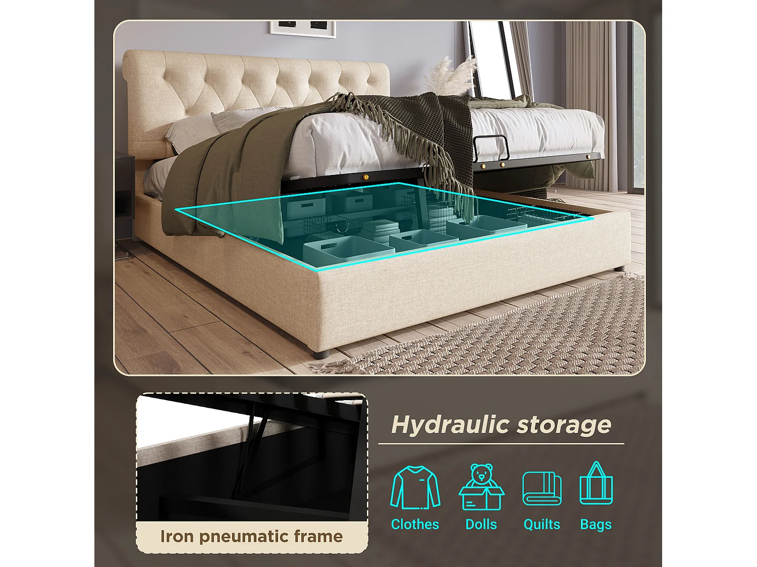 Lit coffre capitonné tissu en lin - 160x200cm - avec sommier à lattes - Naturel clair