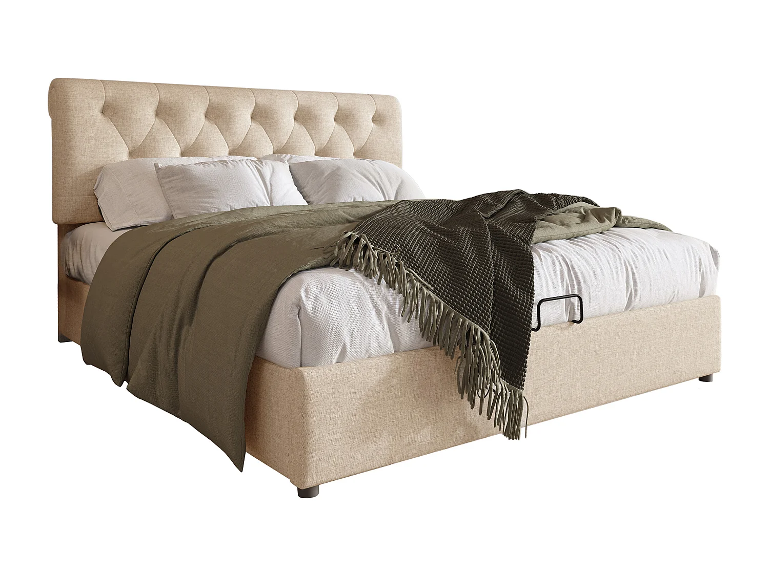 Lit coffre capitonné tissu en lin - 160x200cm - avec sommier à lattes - Naturel clair