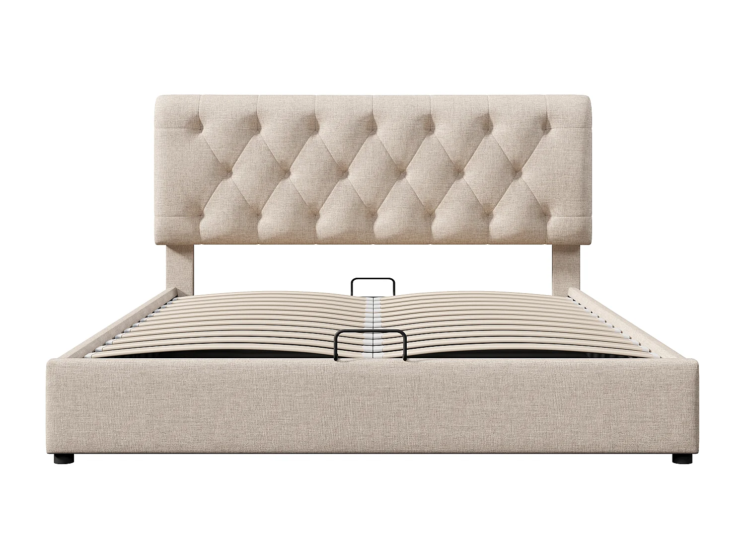 Cama con almacenaje acolchada de tela de lino - 160x200 cm - con somier de láminas - Natural claro