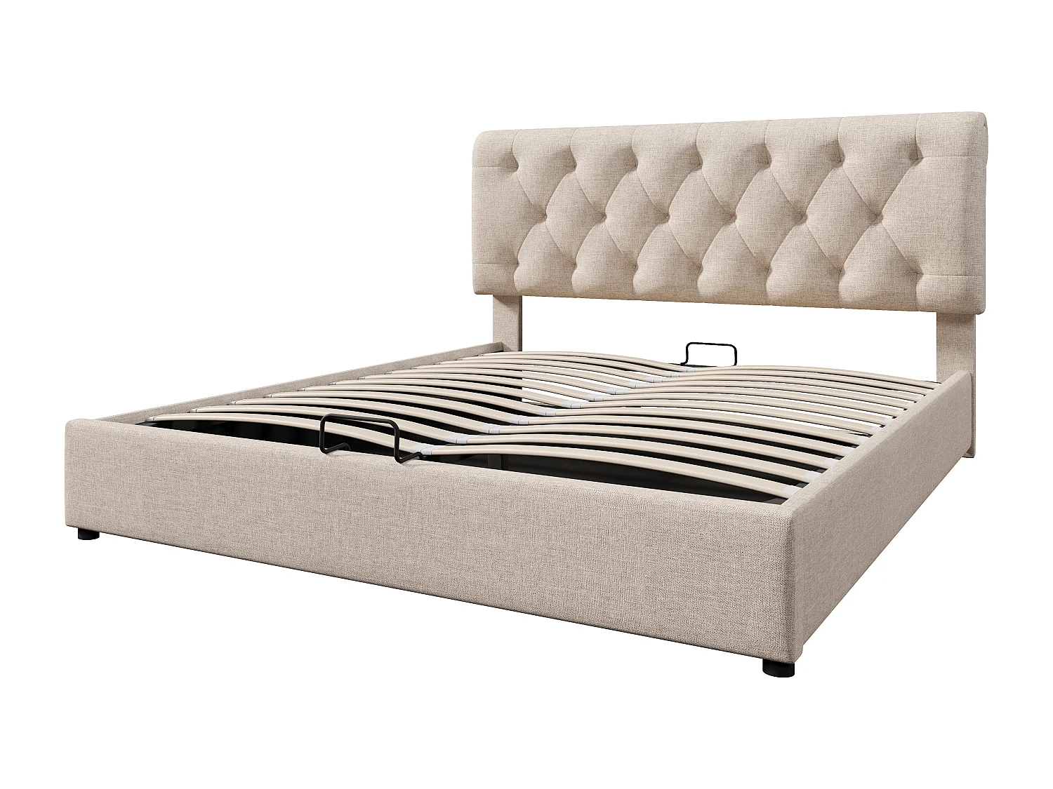 Cama con almacenaje acolchada de tela de lino - 160x200 cm - con somier de láminas - Natural claro