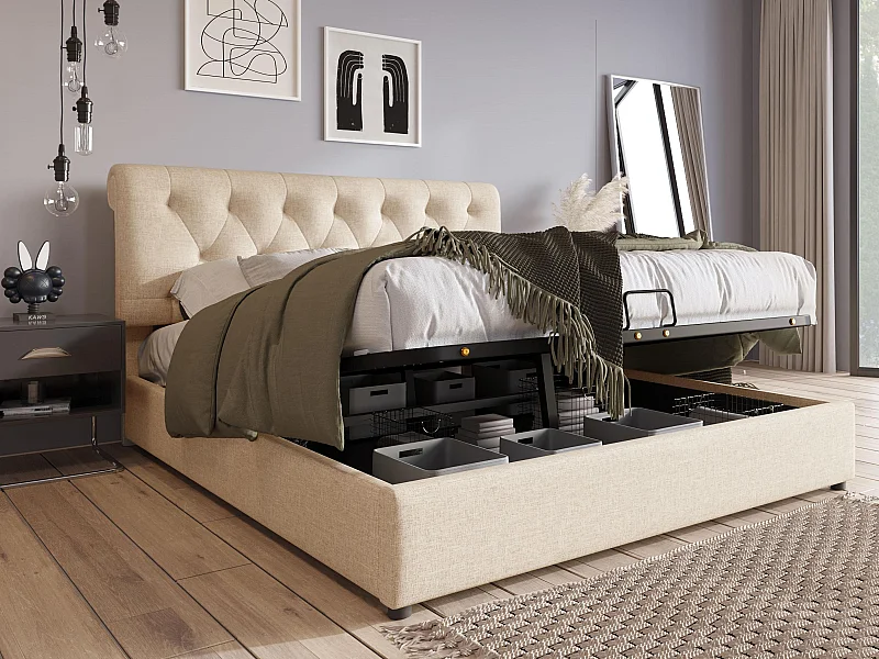 Gewatteerd opbergbed in linnenstof - 160x200cm - met lattenbodem - Licht naturel