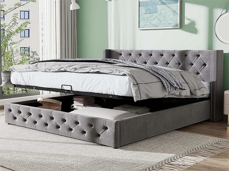 160 x 200 cm großes Samtbett mit Lattenrost – Grau