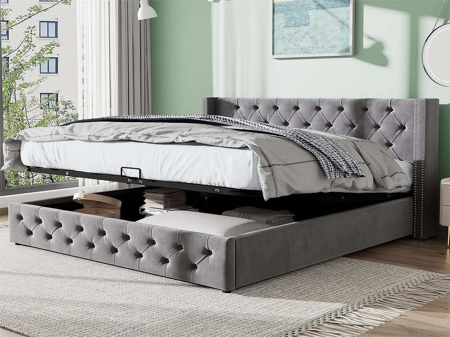 Fluwelen opbergbed 160x200cm met lattenbodem - Grijs