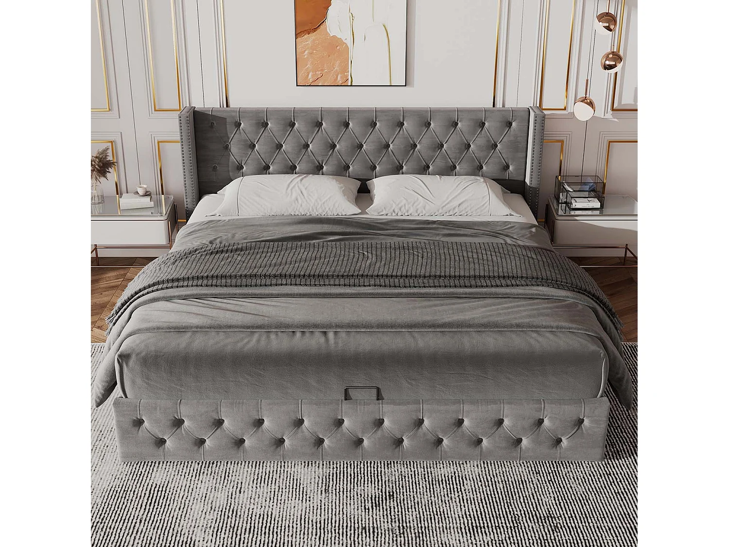 Lit coffre 160x200cm en velours avec sommier à lattes - Gris