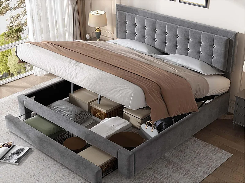 Gepolstertes Stauraumbett 180 x 200 cm aus Samt – mit Schublade und Lattenrost – Grau (ohne Matratze)