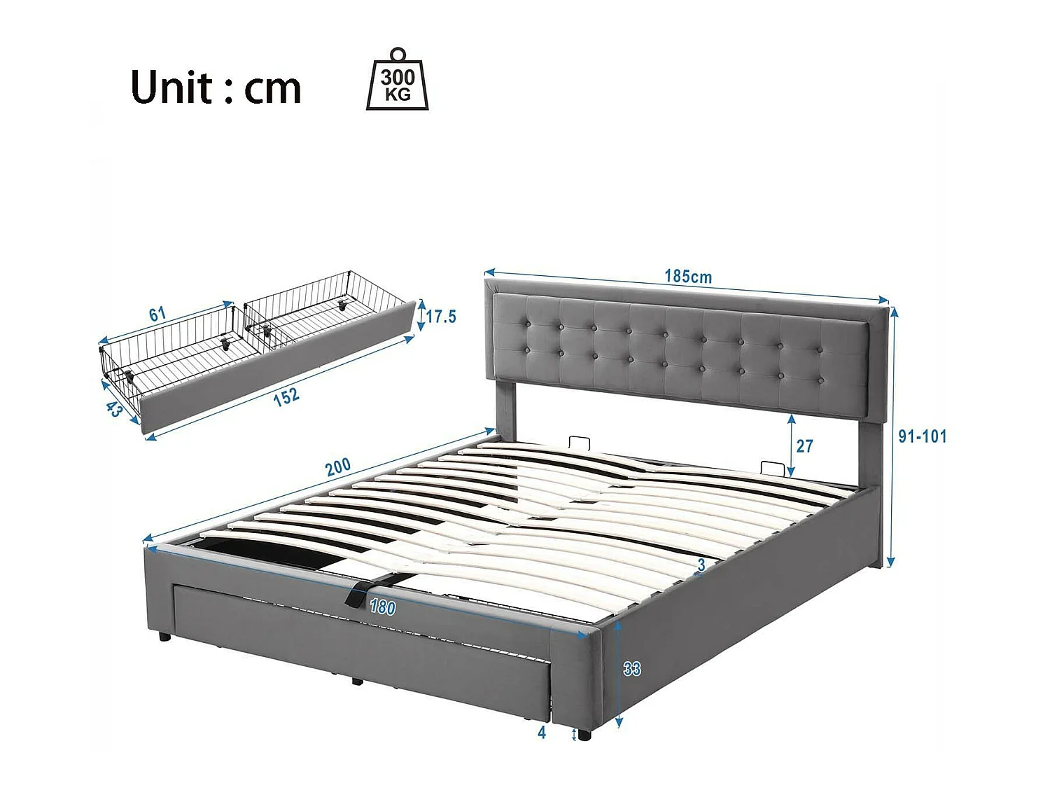 Gepolstertes Stauraumbett 180 x 200 cm aus Samt – mit Schublade und Lattenrost – Grau (ohne Matratze)