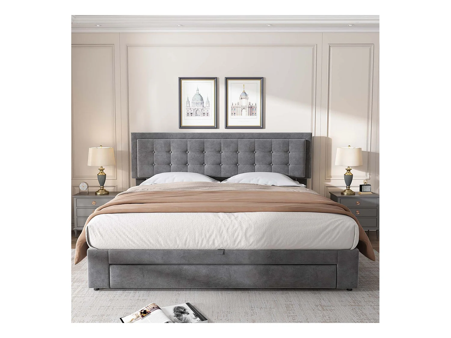 Lit coffre capitonné 180x200cm en velours - avec tiroir et sommier à lattes - Gris (sans matelas)