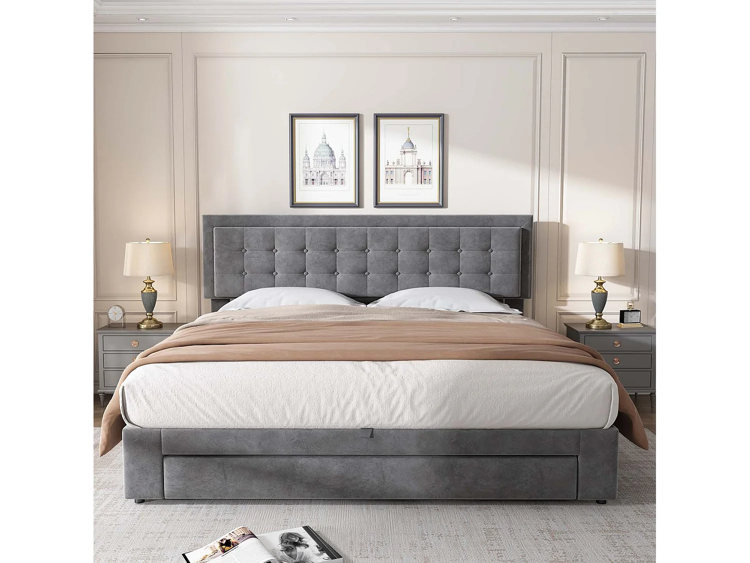 Lit coffre capitonné 180x200cm en velours - avec tiroir et sommier à lattes - Gris (sans matelas)