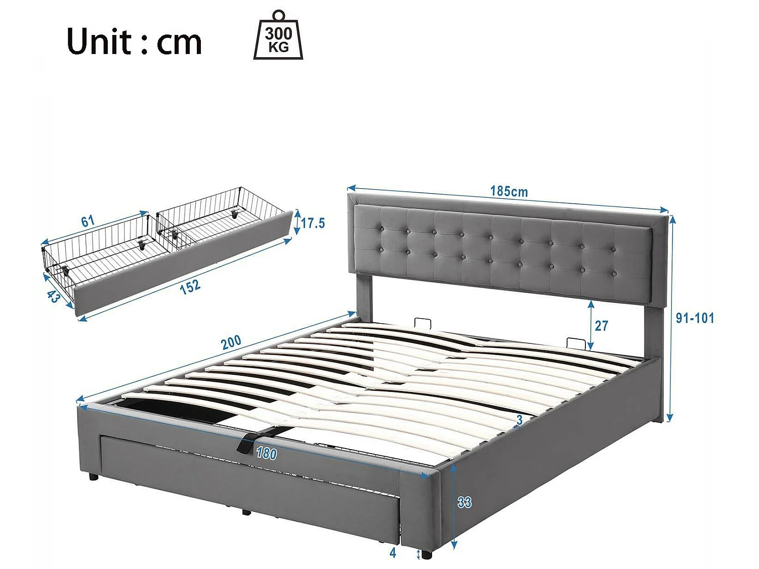 Lit coffre capitonné 180x200cm en velours - avec tiroir et sommier à lattes - Gris (sans matelas)