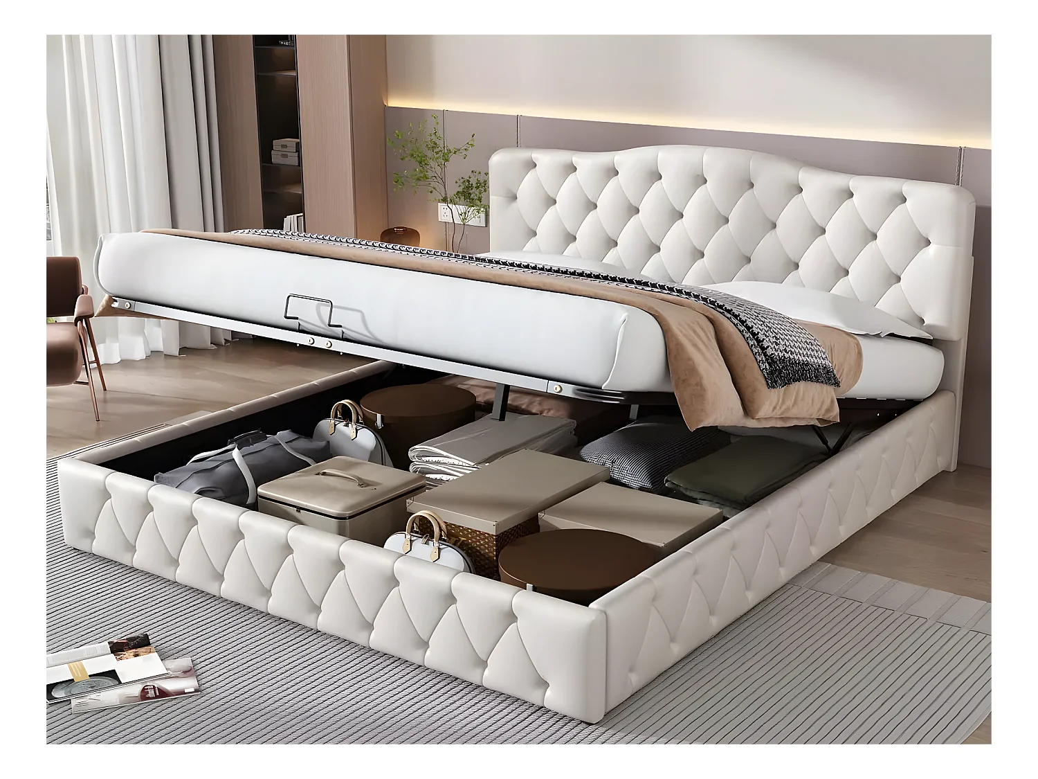 Cama con almacenaje de piel sintética de 180x200 cm - con cabecero ajustable - Blanco