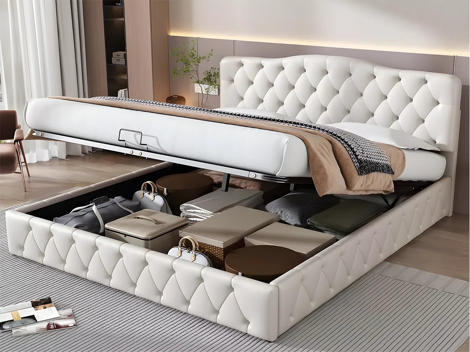 Letto contenitore 180x200 cm in ecopelle - con testiera regolabile - Bianco