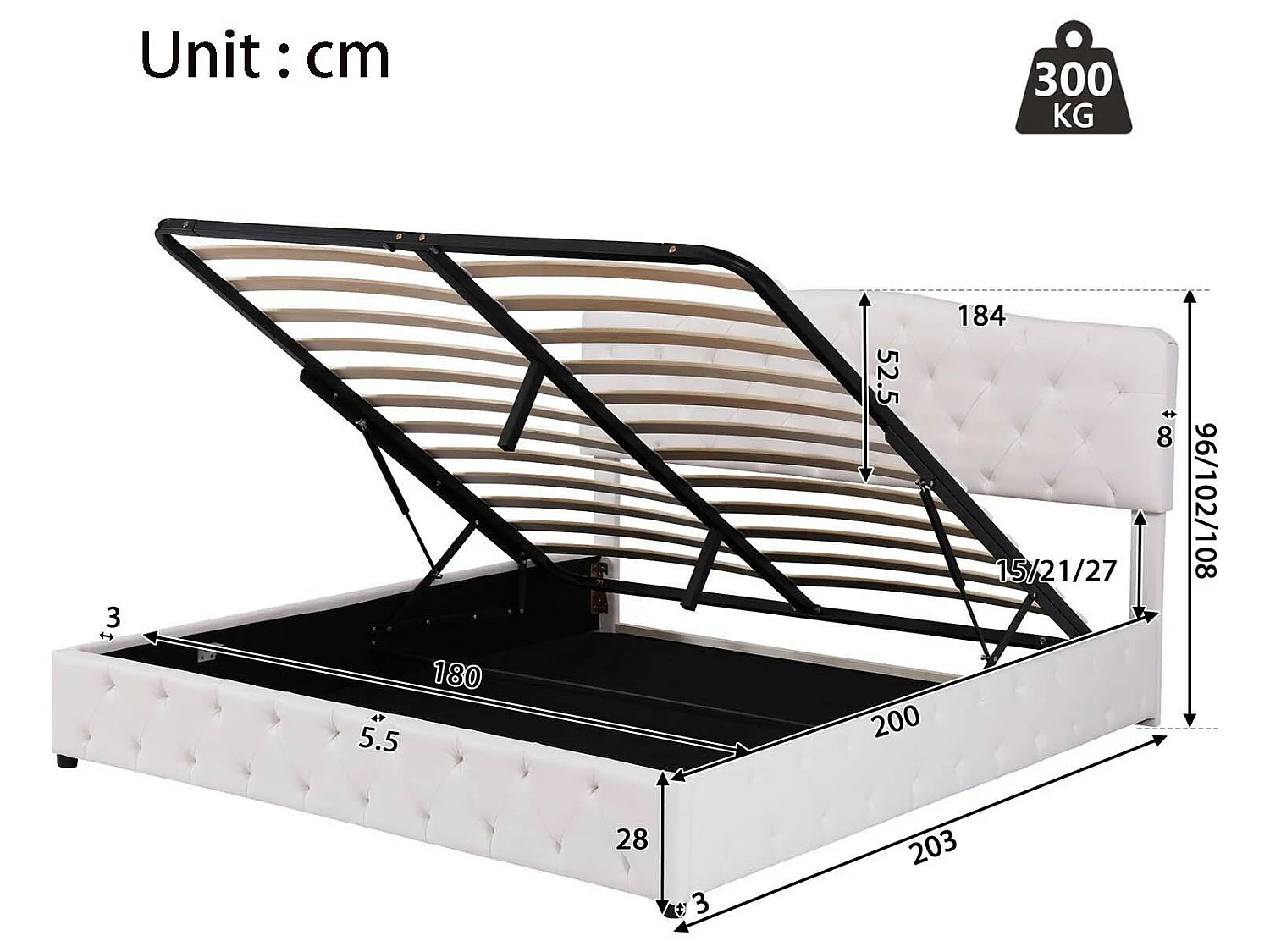 Letto contenitore 180x200 cm in ecopelle - con testiera regolabile - Bianco