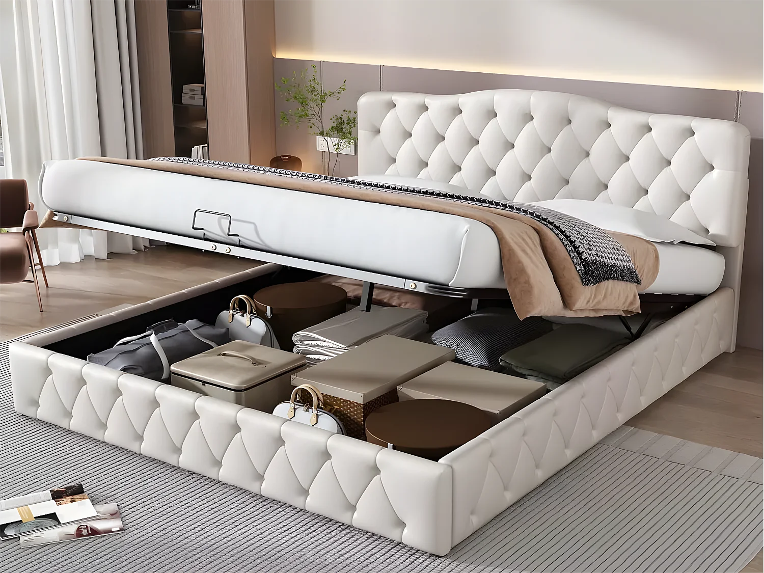 Letto contenitore 180x200 cm in ecopelle - con testiera regolabile - Bianco