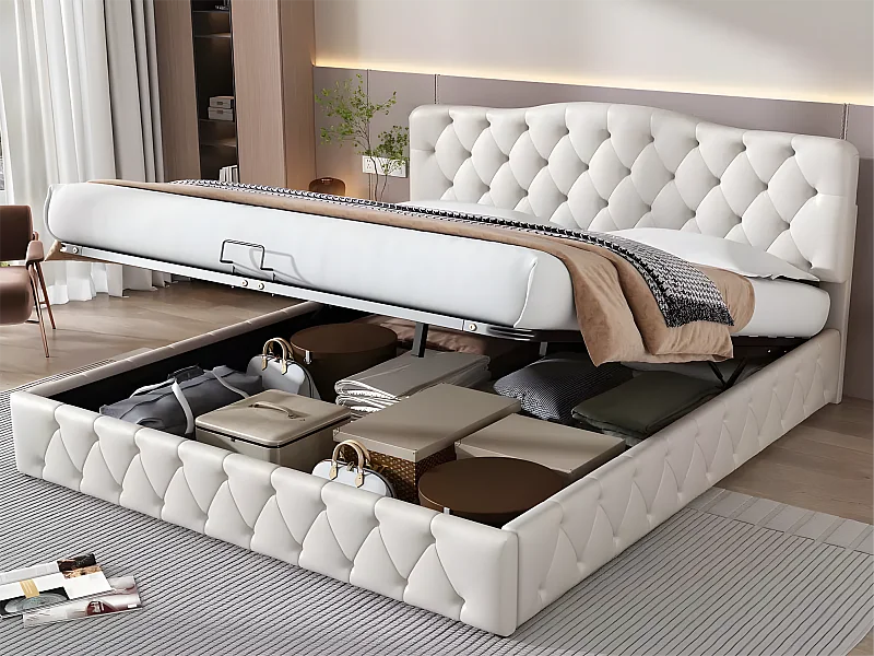 Cama arrumação 180x200cm em pele sintética - com cabeceira ajustável - Branco