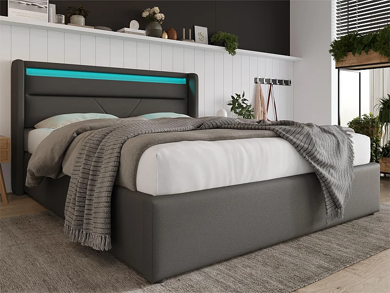 Lit coffre 160x200cm en similicuir avec LED - avec sommier à lattes - Gris