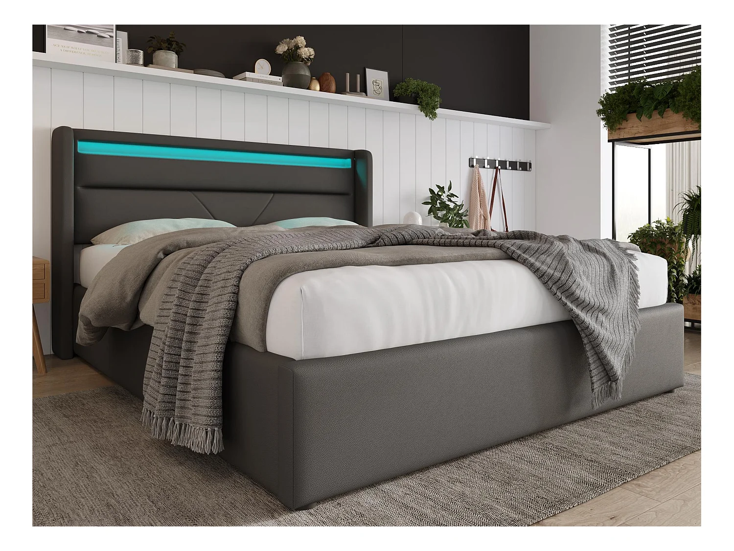 Lit coffre 160x200cm en similicuir avec LED - avec sommier à lattes - Gris