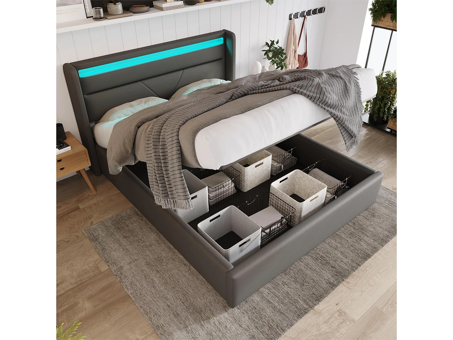 Łóżko z pojemnikiem 160x200cm z ekoskóry z LED - z stelażem na listwy - Szare