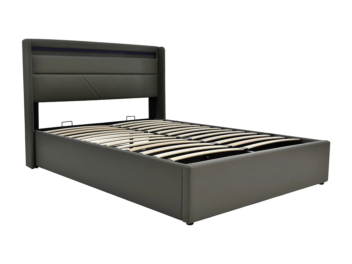 Łóżko z pojemnikiem 160x200cm z ekoskóry z LED - z stelażem na listwy - Szare