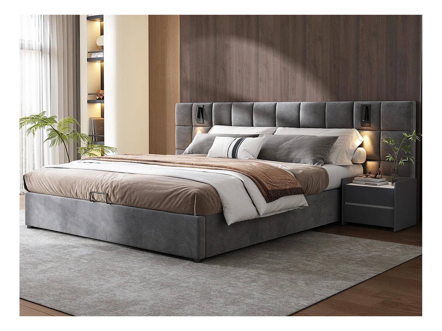 Lit coffre en velours - 180x200cm - avec LED et port de recharge - Gris(table de chevet non compris)