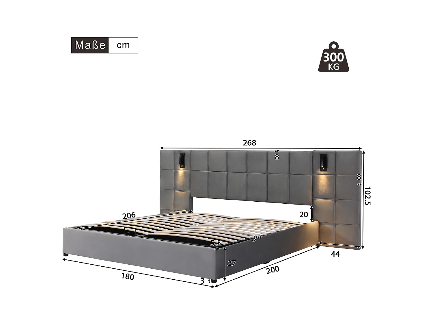 Fluwelen opbergbed - 180x200cm - met LED en oplaadpoort - Grijs (nachtkastje niet inbegrepen)