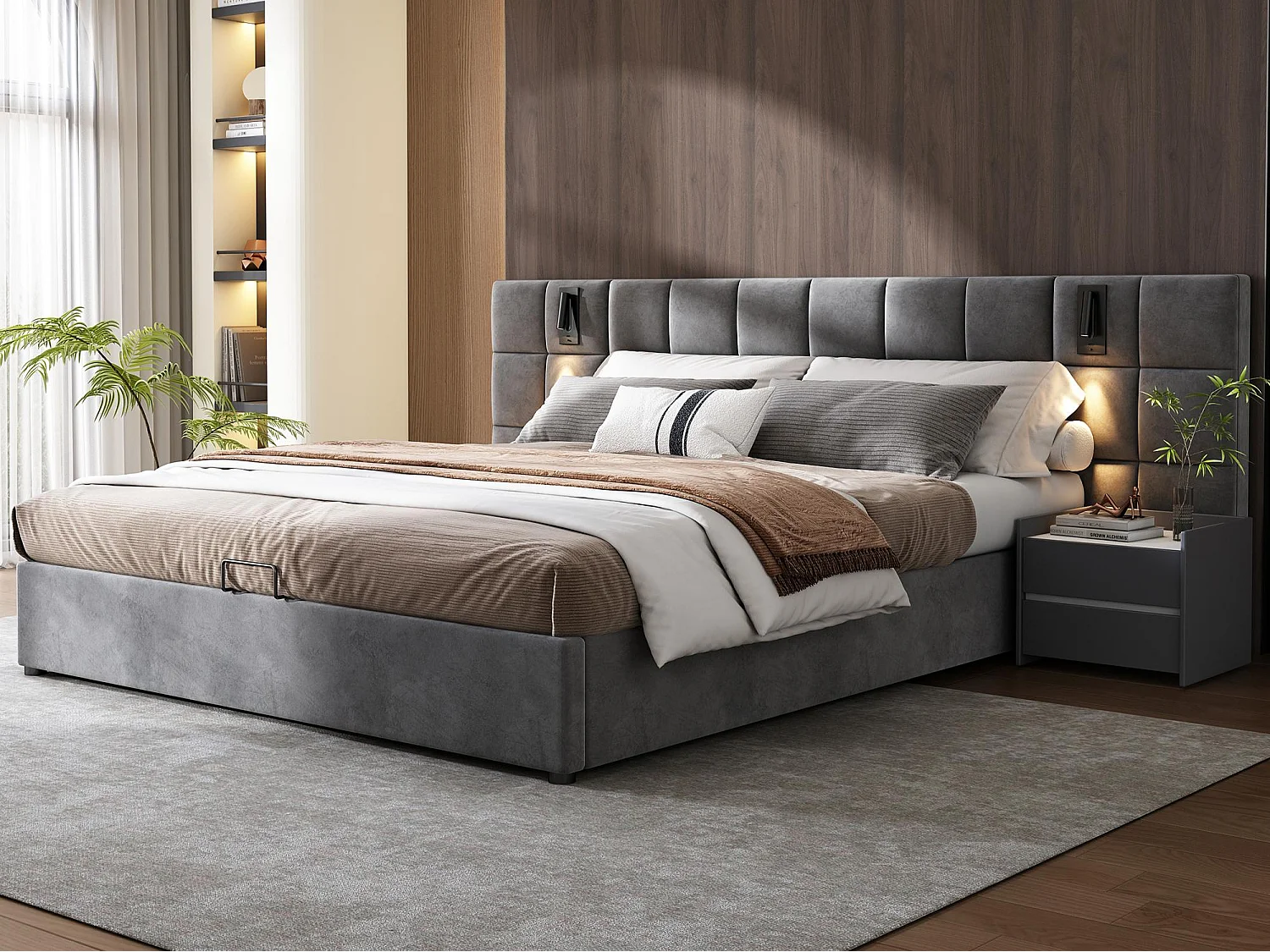 Lit coffre en velours - 180x200cm - avec LED et port de recharge - Gris(table de chevet non compris)