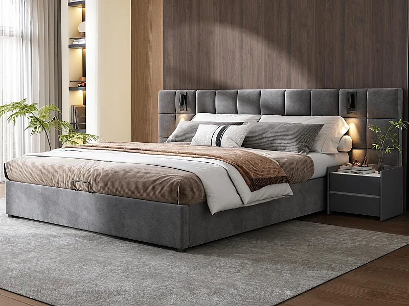 Cama contenedor de terciopelo - 180x200cm - con LED y puerto de carga - Gris (mesita de noche no incluida)