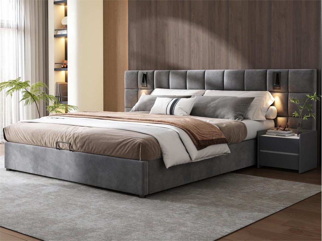 Cama contenedor de terciopelo - 180x200cm - con LED y puerto de carga - Gris (mesita de noche no incluida)