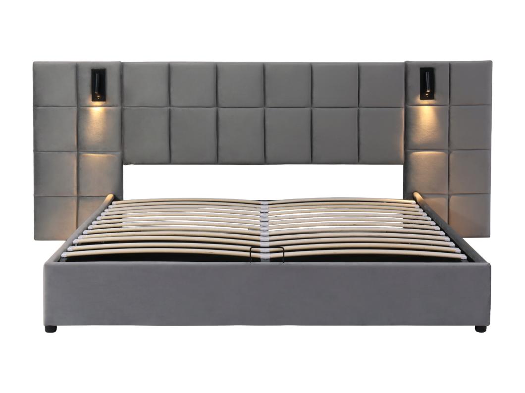 Fluwelen opbergbed - 180x200cm - met LED en oplaadpoort - Grijs (nachtkastje niet inbegrepen)