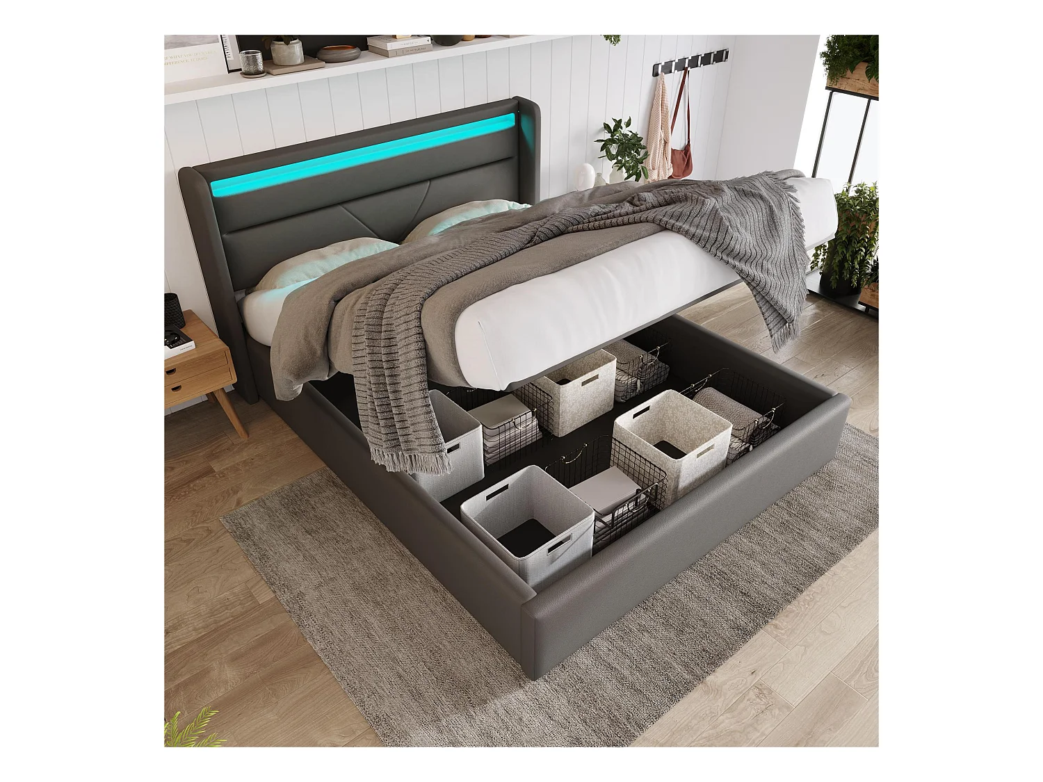 Cama contenedor 140x200cm en símil piel con LED - con somier - Gris