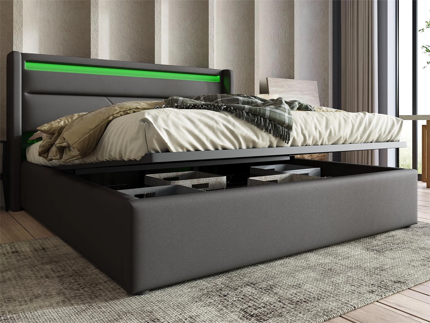 Letto contenitore 140x200cm in similpelle con LED - con rete a doghe - Grigio