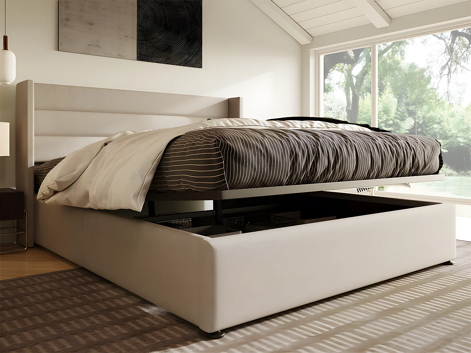 Letto contenitore in lino 140x200 cm con rete a doghe - Beige