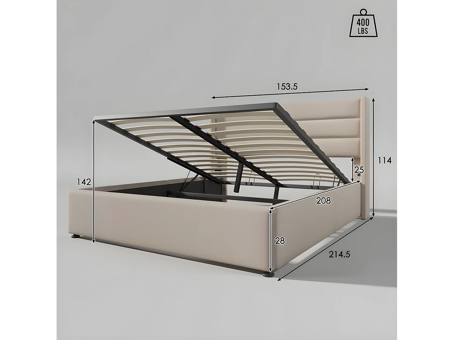 Letto contenitore in lino 140x200 cm con rete a doghe - Beige