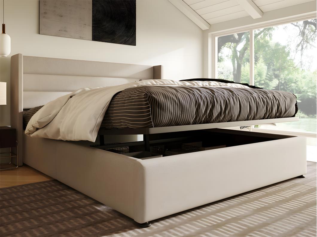 Cama con almacenaje de lino 140x200 cm con somier de láminas - Beige