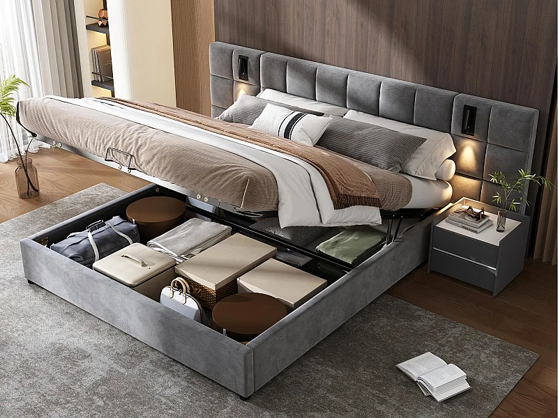 Samtbett mit Stauraum – 140 x 200 cm – mit LED und Ladeanschluss – Grau (Nachttisch nicht im Lieferumfang enthalten)