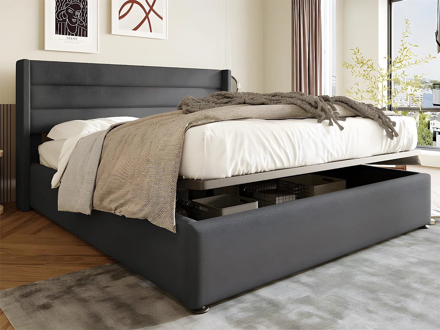 Letto contenitore in lino con rete a doghe - 140x200 cm - Grigio