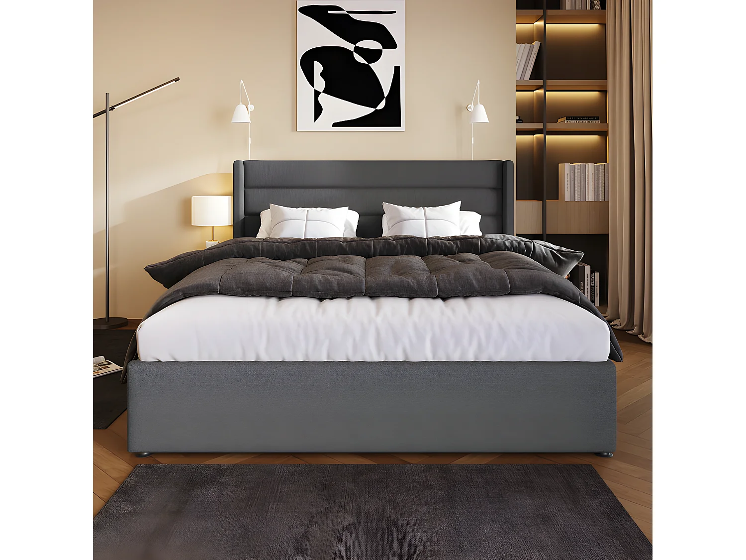 Letto contenitore in lino con rete a doghe - 140x200 cm - Grigio