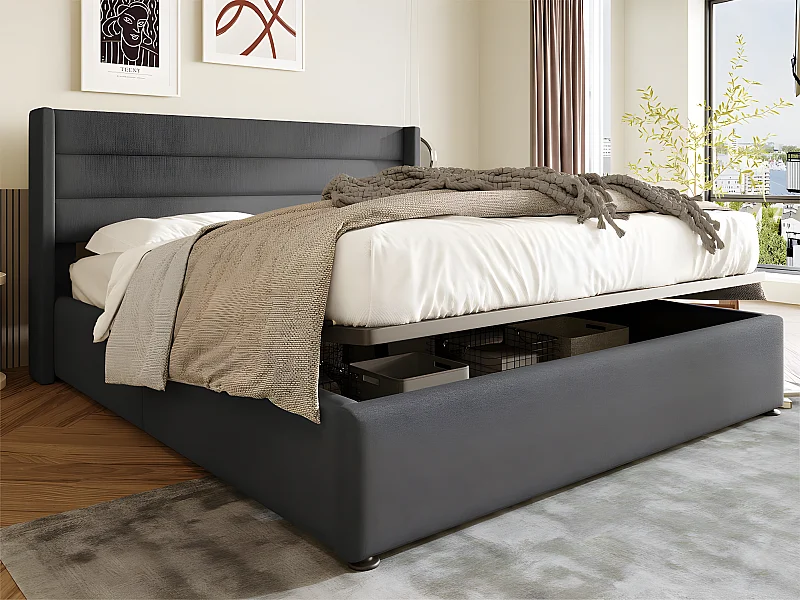 Linnenopbergbed met lattenbodem - 140x200cm - Grijs