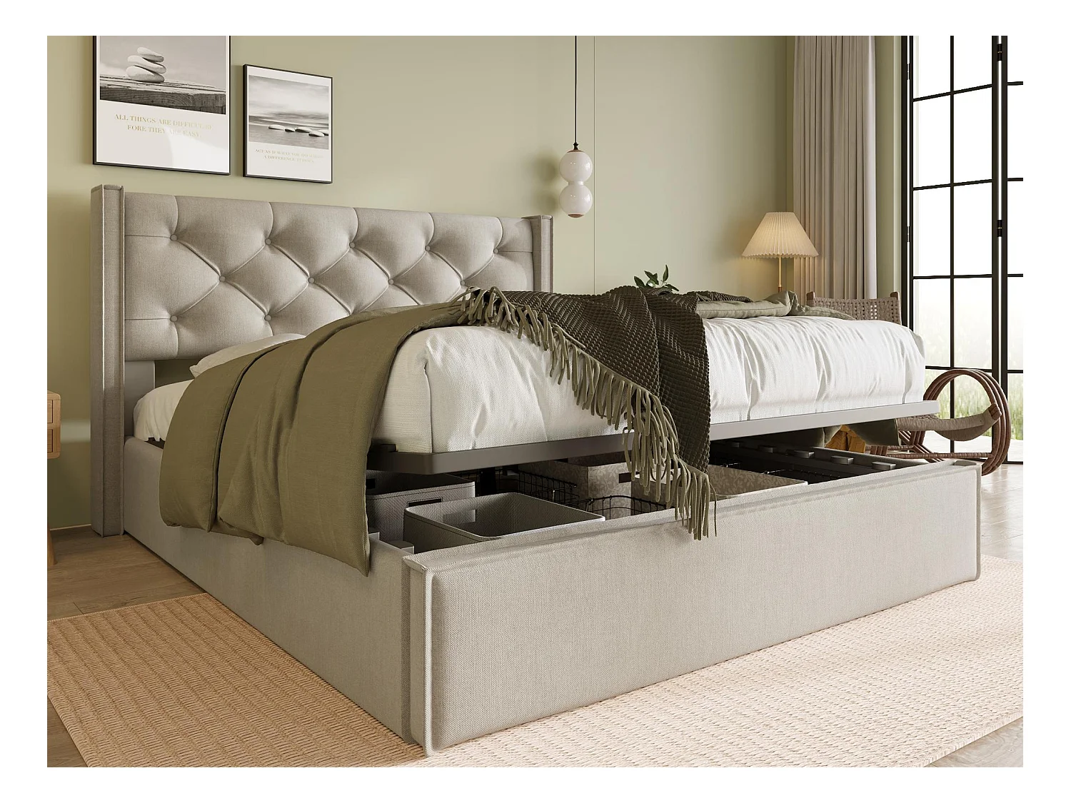 Gewatteerd opbergbed 140x200cm in katoenen stof - met lattenbodem - Lichtgrijs
