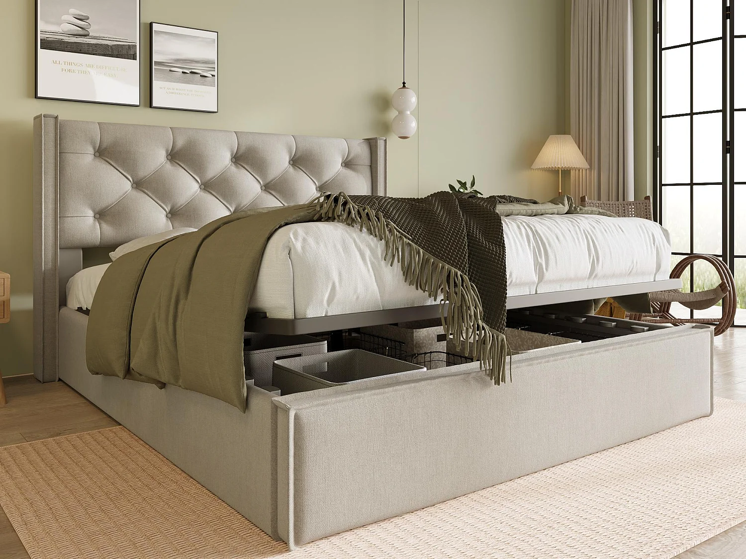 Lit coffre capitonné 140x200cm en tissu coton - avec sommier à lattes - Gris Clair