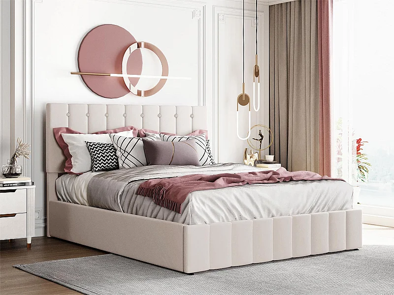 Gepolstertes Stauraumbett – 140 x 200 cm – Samtstoff – Beige