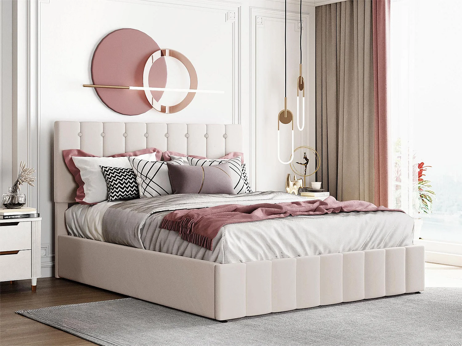 Letto contenitore imbottito - 140x200 cm - tessuto in velluto - Beige