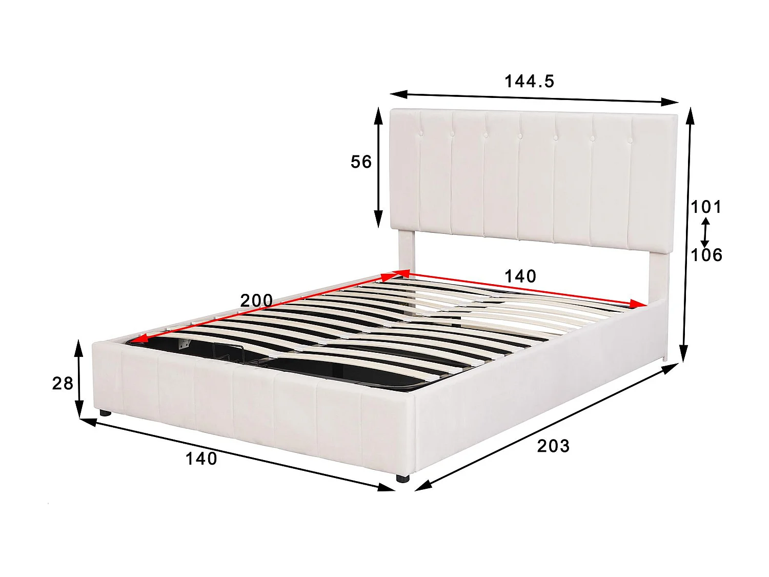 Letto contenitore imbottito - 140x200 cm - tessuto in velluto - Beige