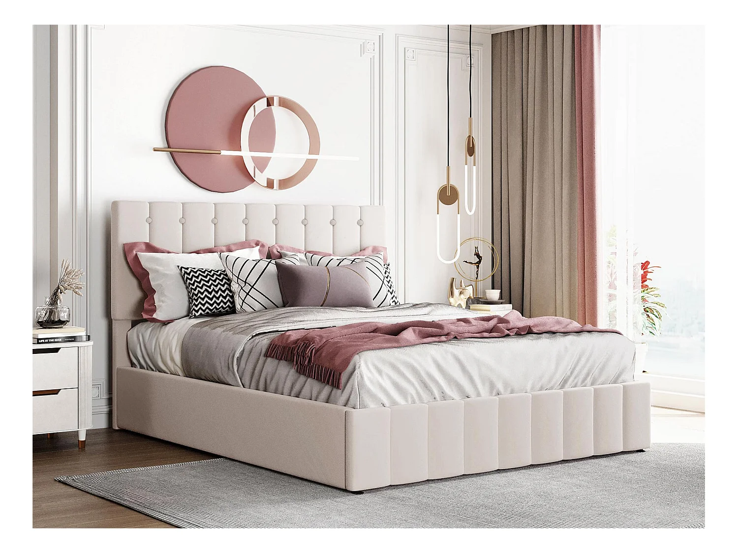 Lit coffre rembourré - 140x200cm - tissu en velours - Beige