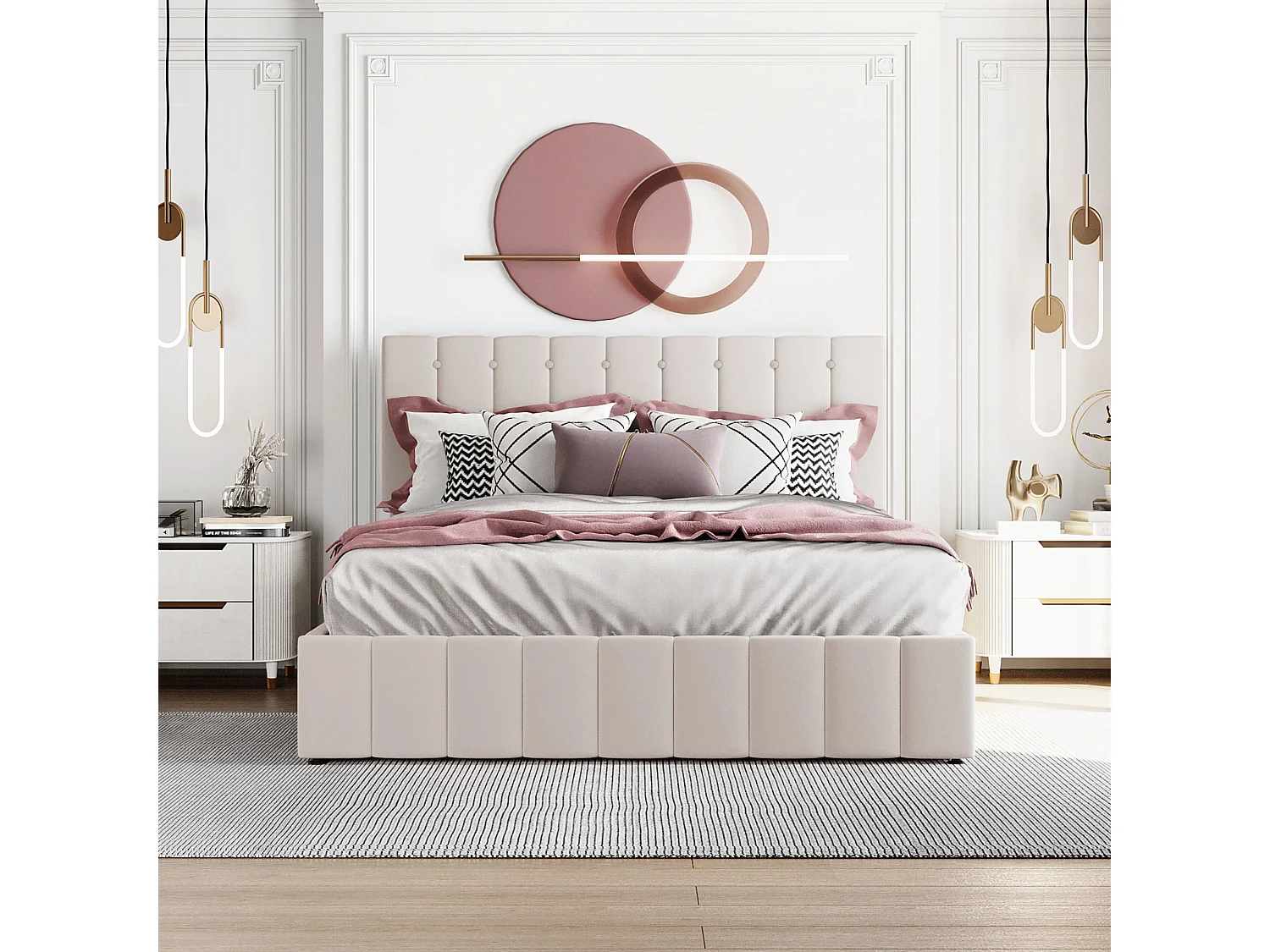 Gepolstertes Stauraumbett – 140 x 200 cm – Samtstoff – Beige