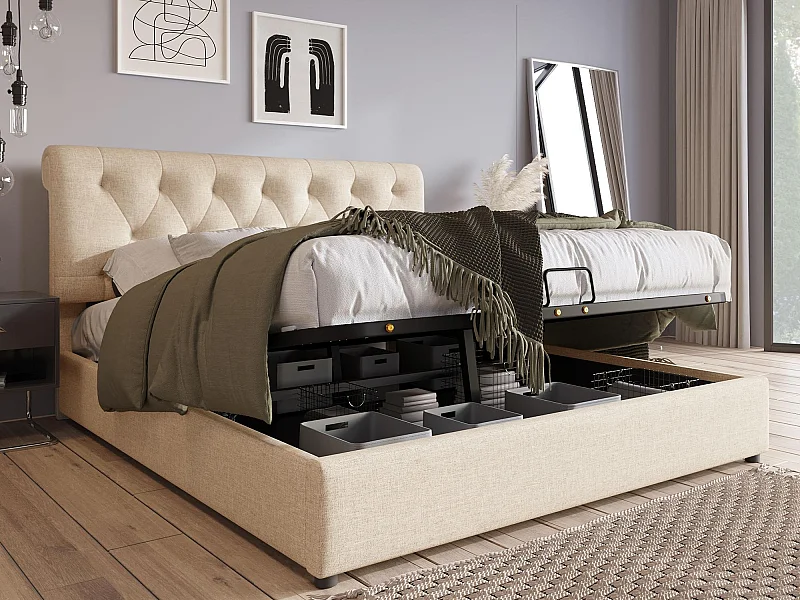 Letto contenitore imbottito in tessuto di lino - 140x200cm - con rete a doghe - Naturale chiaro