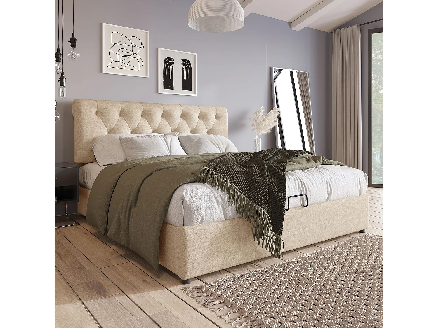 Cama con almacenaje acolchada de tela de lino - 140x200 cm - con somier de láminas - Natural claro