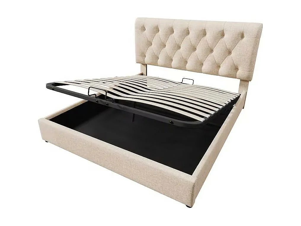 Cama con almacenaje acolchada de tela de lino - 140x200 cm - con somier de láminas - Natural claro